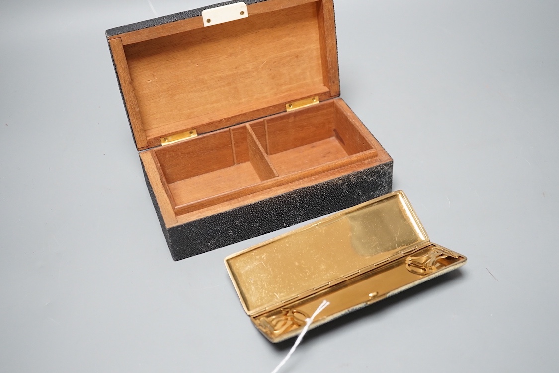 An Art Deco shagreen and Ivory cigarette box, 19.5cm and a shagreen and gilt metal case